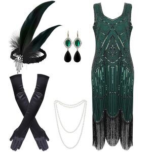 4159 1920s Dresses For Women, Sequin Fringed Flapper Cocktail